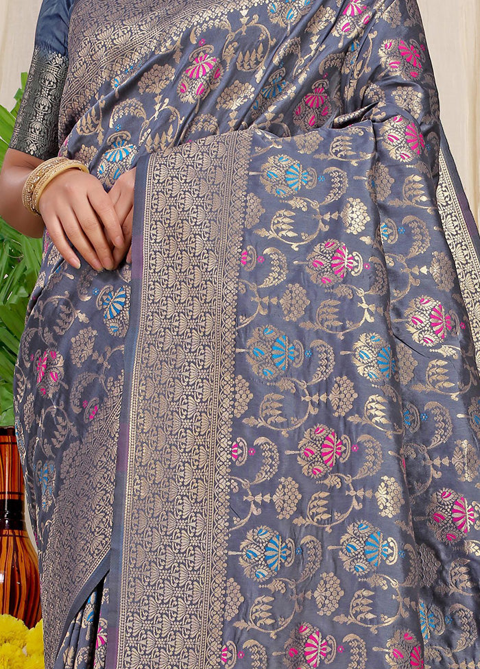 Grey Dupion Silk Saree With Blouse Piece