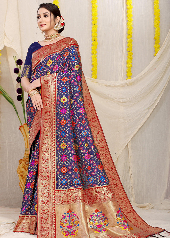 Navy Blue Dupion Silk Saree With Blouse Piece