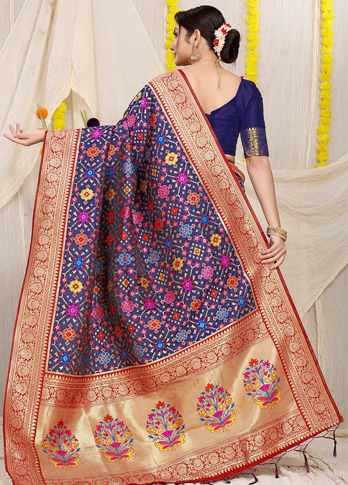 Navy Blue Dupion Silk Saree With Blouse Piece