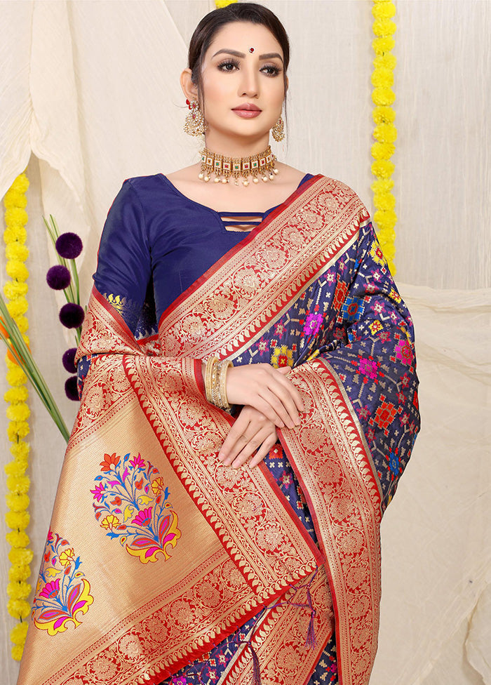 Navy Blue Dupion Silk Saree With Blouse Piece