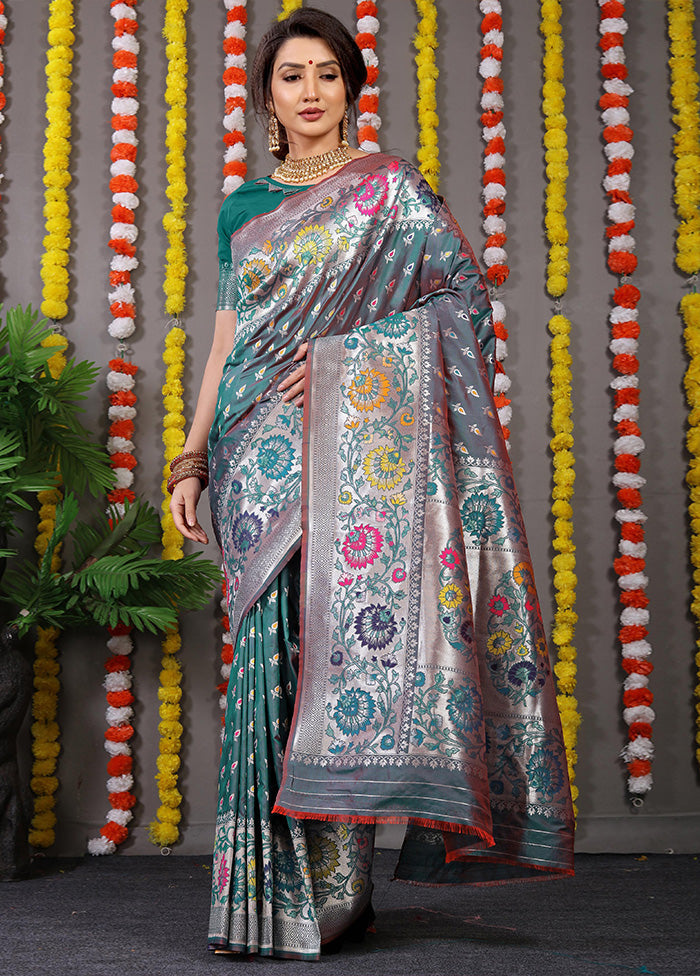 Teal Dupion Silk Saree With Blouse Piece