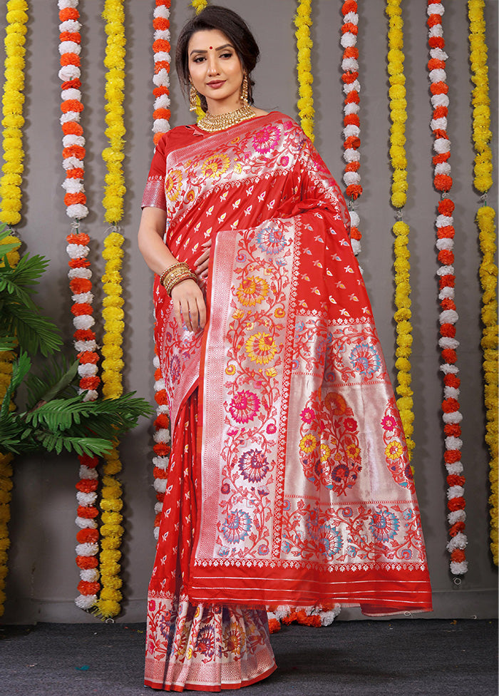 Red Dupion Silk Saree With Blouse Piece