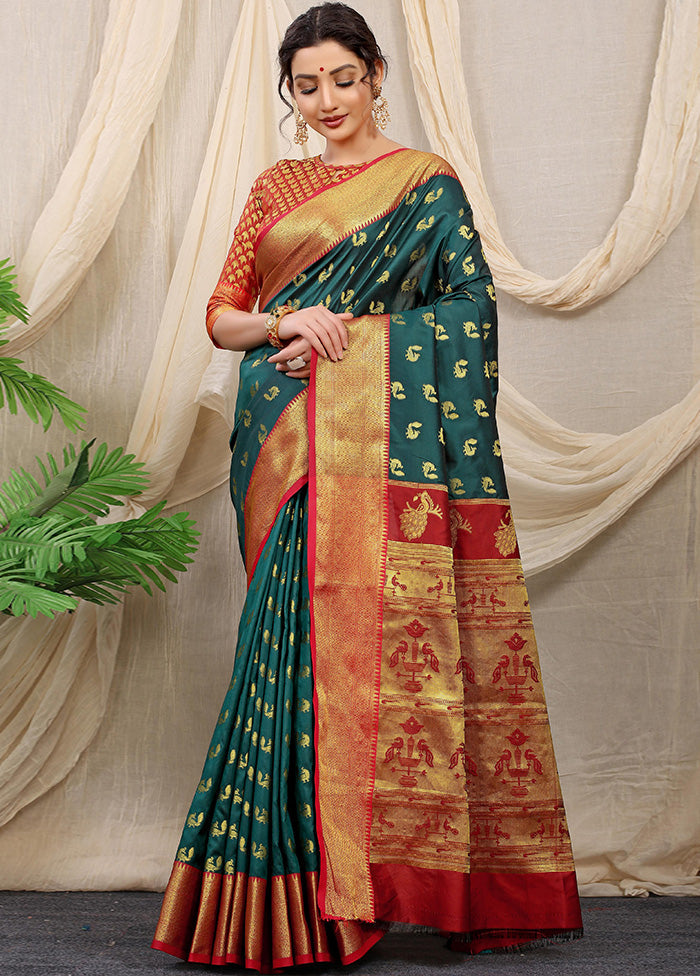 Bottle Green Dupion Silk Saree With Blouse Piece