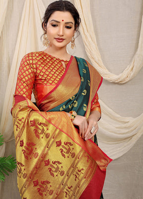 Bottle Green Dupion Silk Saree With Blouse Piece