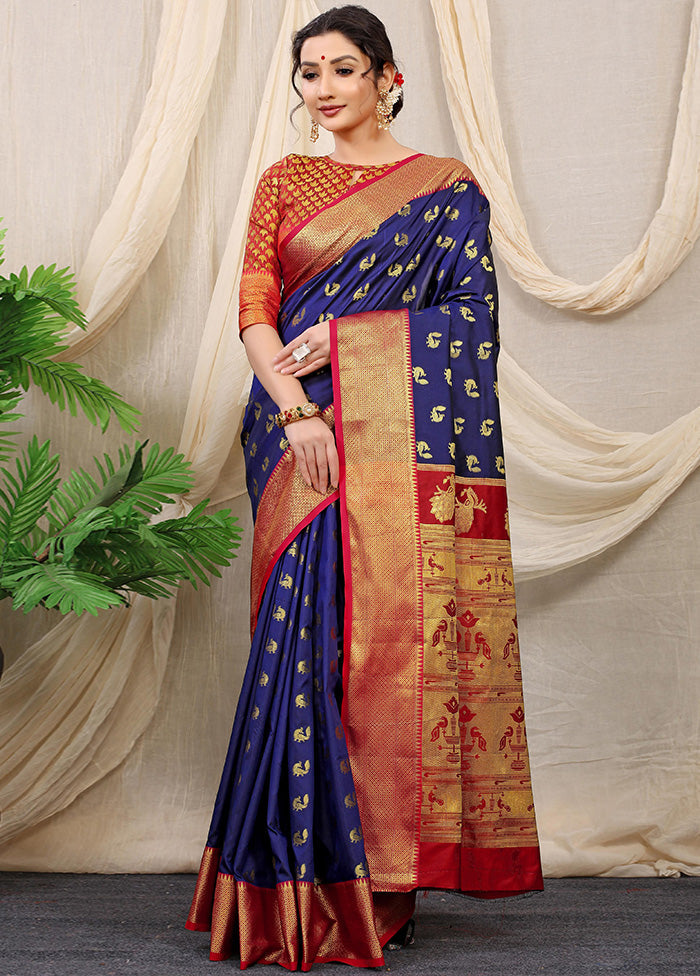 Blue Dupion Silk Saree With Blouse Piece