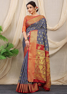 Grey Dupion Silk Saree With Blouse Piece