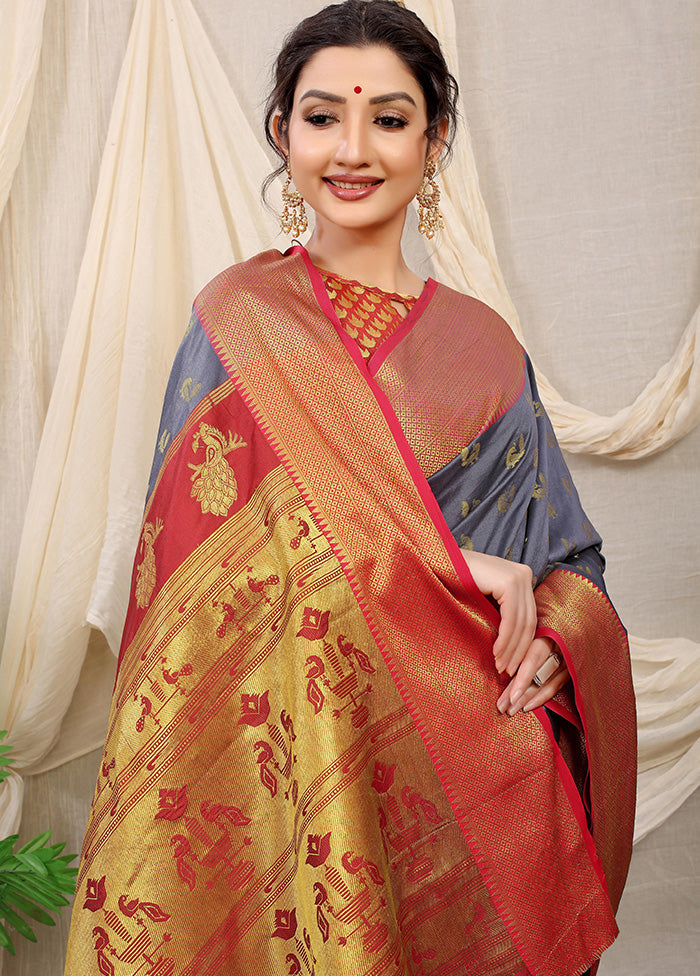 Grey Dupion Silk Saree With Blouse Piece