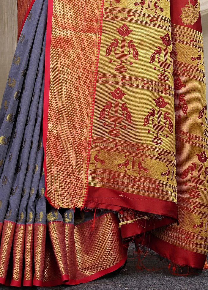 Grey Dupion Silk Saree With Blouse Piece