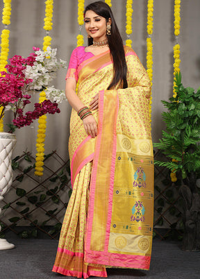 Light Yellow Dupion Silk Saree With Blouse Piece