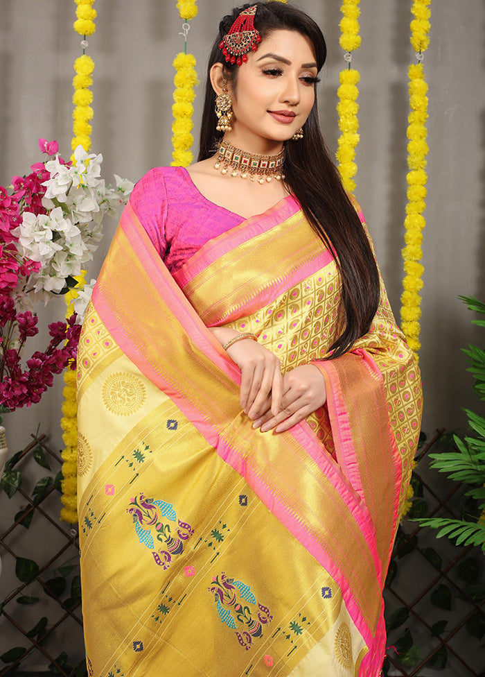 Light Yellow Dupion Silk Saree With Blouse Piece