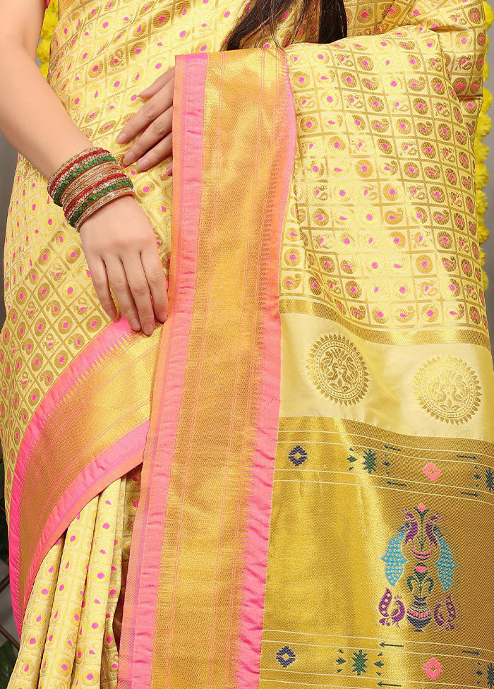 Light Yellow Dupion Silk Saree With Blouse Piece