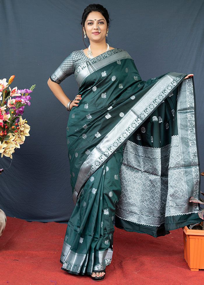 Bottle Green Dupion Silk Saree With Blouse Piece