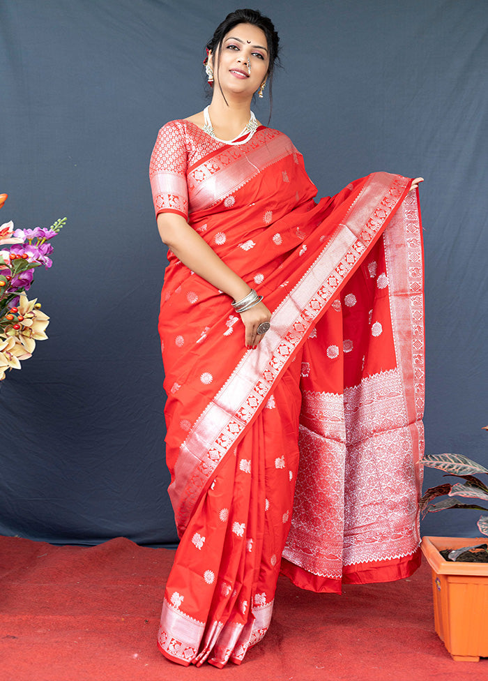 Red Dupion Silk Saree With Blouse Piece