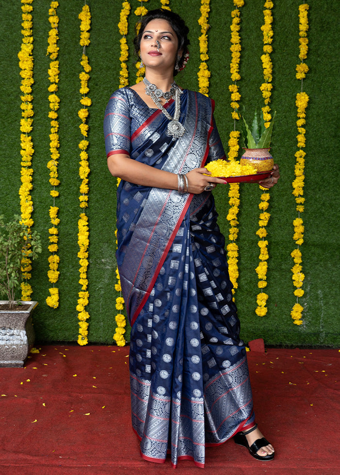 Navy Blue Dupion Silk Saree With Blouse Piece