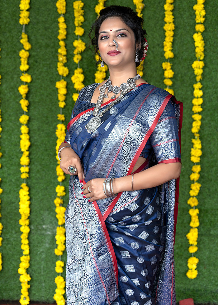 Navy Blue Dupion Silk Saree With Blouse Piece