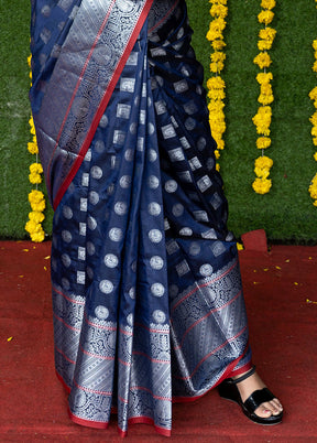 Navy Blue Dupion Silk Saree With Blouse Piece