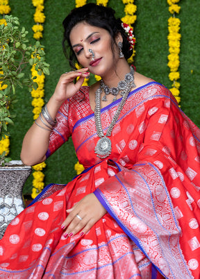 Red Dupion Silk Saree With Blouse Piece