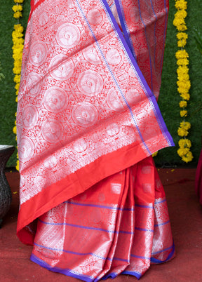 Red Dupion Silk Saree With Blouse Piece