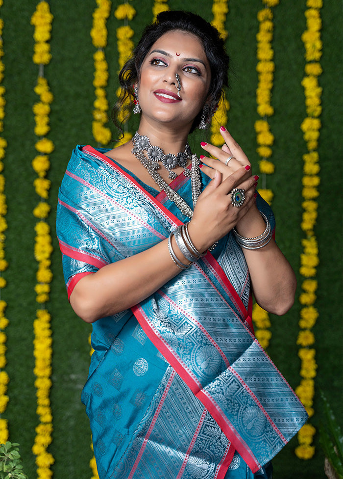 Teal Dupion Silk Saree With Blouse Piece