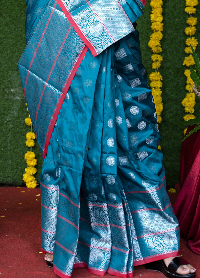 Teal Dupion Silk Saree With Blouse Piece