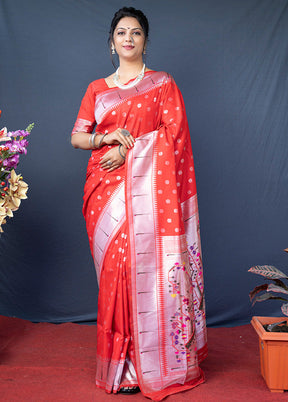 Red Dupion Silk Saree With Blouse Piece