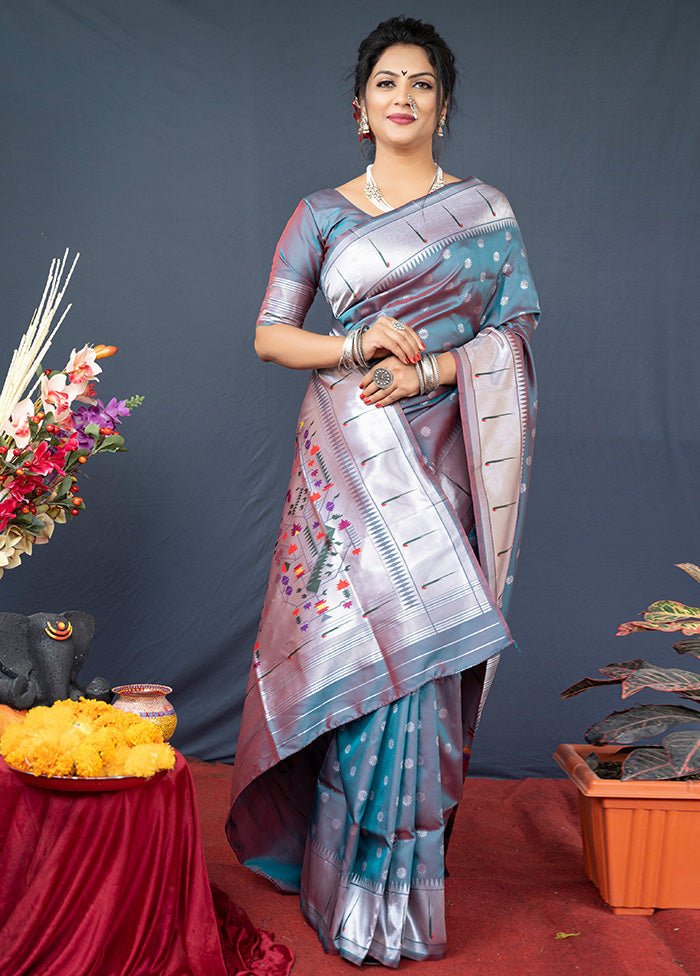 Teal Dupion Silk Saree With Blouse Piece