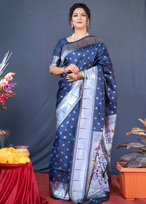 Navy Blue Dupion Silk Saree With Blouse Piece