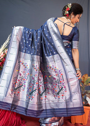 Navy Blue Dupion Silk Saree With Blouse Piece