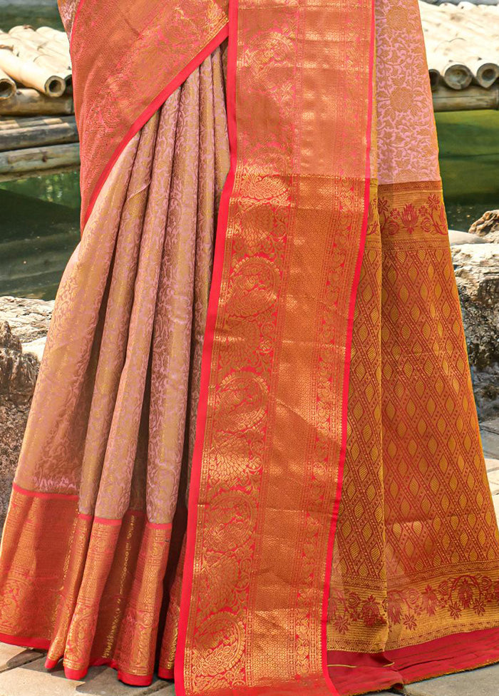 Peach Dupion Silk Saree With Blouse Piece