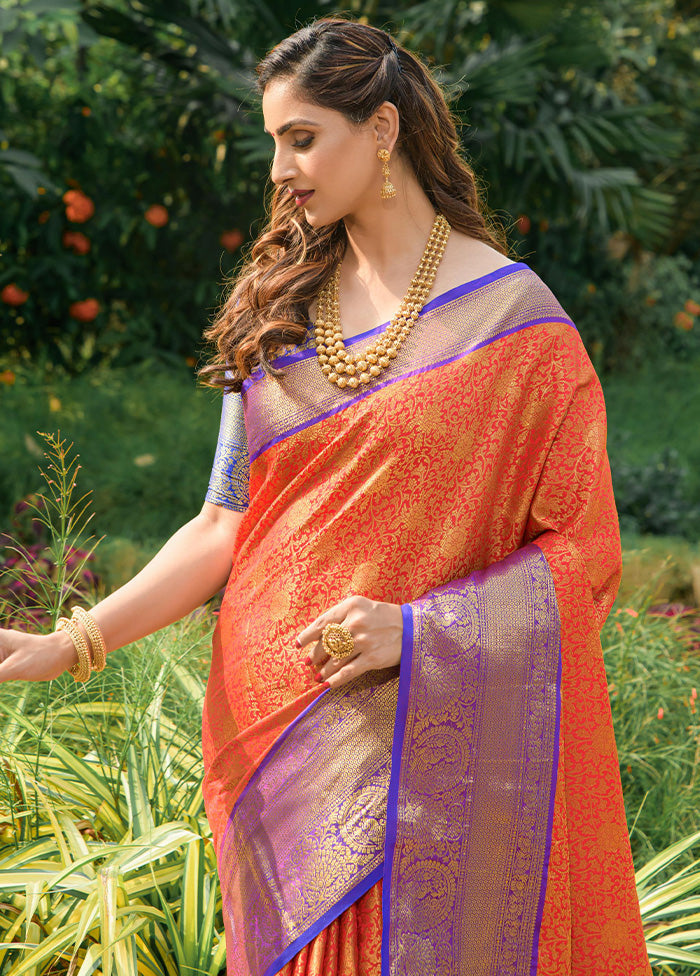 Orange Dupion Silk Saree With Blouse Piece