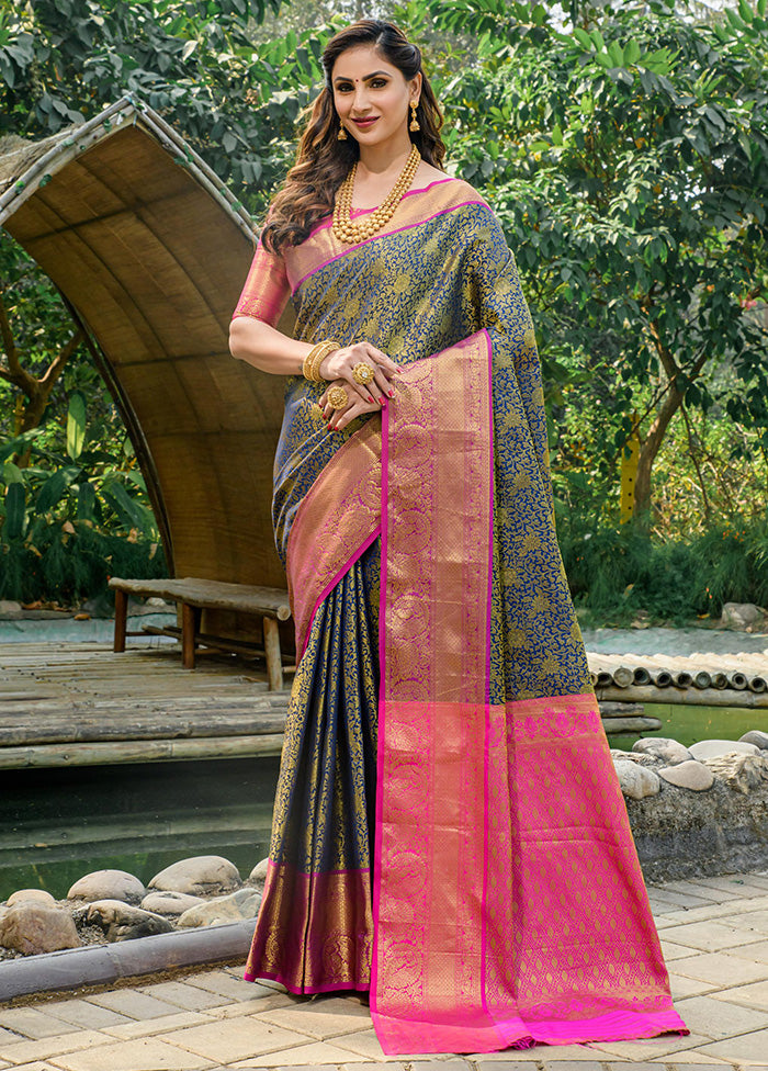 Navy Blue Dupion Silk Saree With Blouse Piece