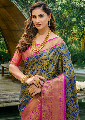 Navy Blue Dupion Silk Saree With Blouse Piece