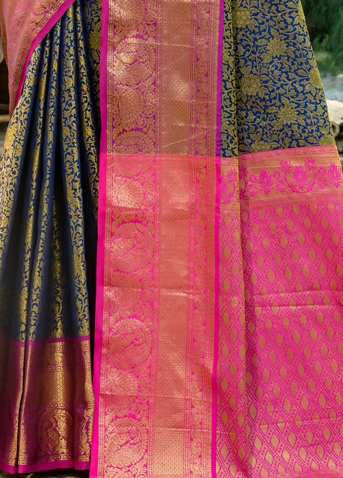 Navy Blue Dupion Silk Saree With Blouse Piece