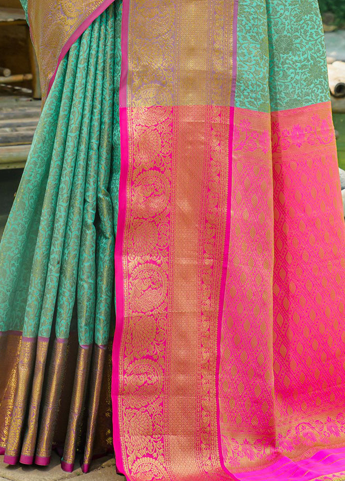 Sea Green Dupion Silk Saree With Blouse Piece