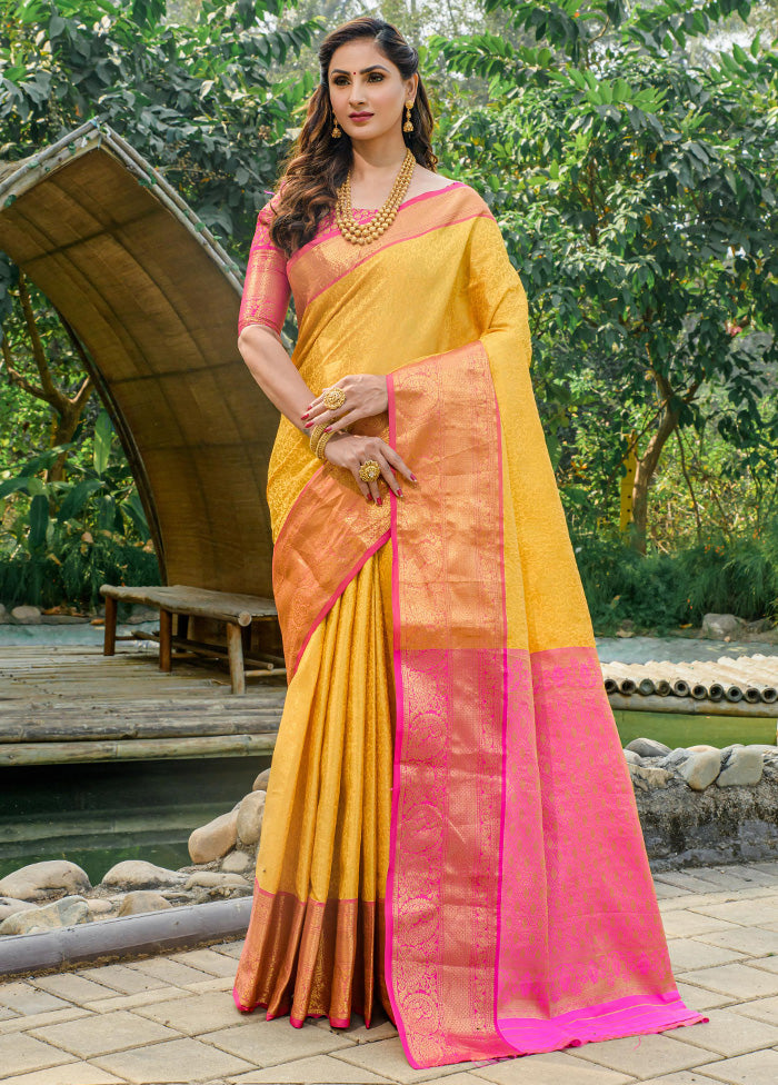 Yellow Dupion Silk Saree With Blouse Piece