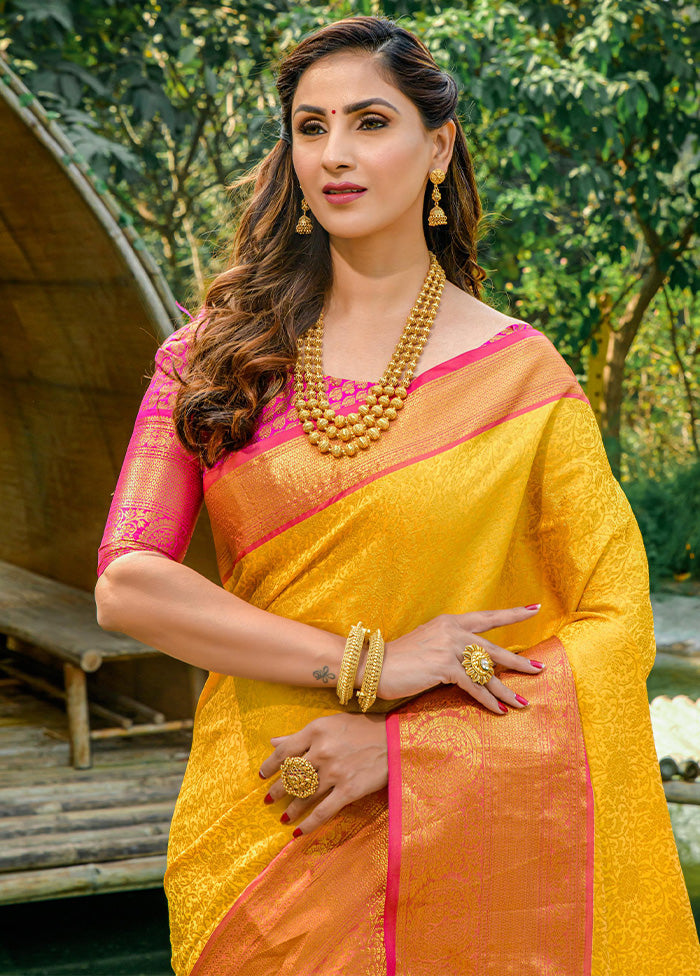 Yellow Dupion Silk Saree With Blouse Piece