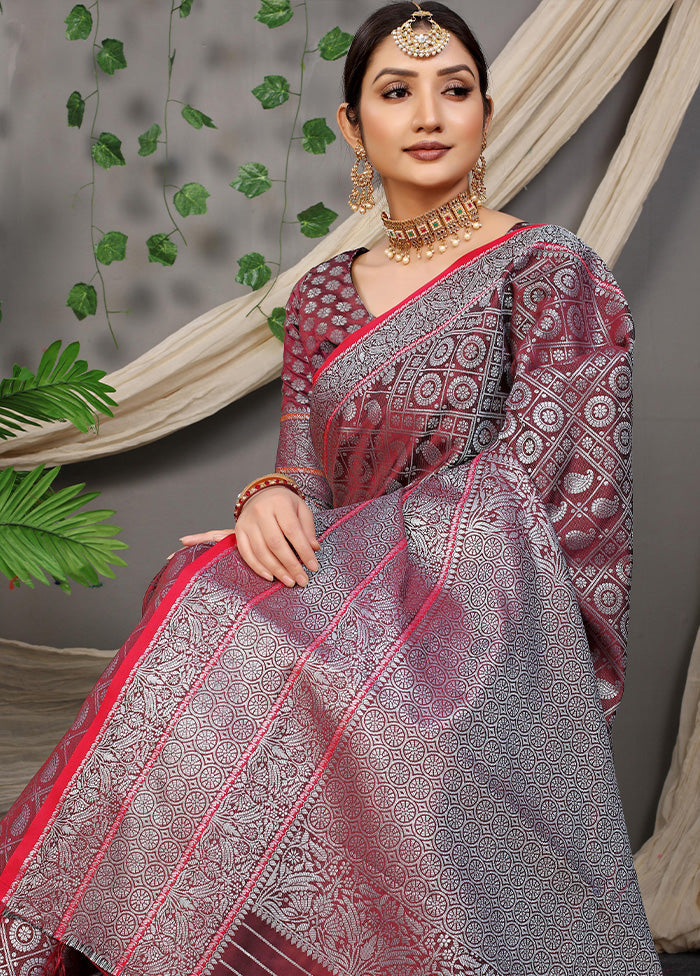 Maroon Dupion Silk Saree With Blouse Piece