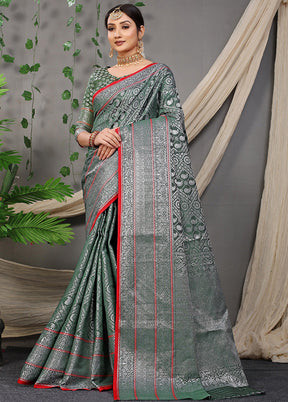 Dark Green Dupion Silk Saree With Blouse Piece