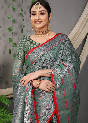 Dark Green Dupion Silk Saree With Blouse Piece