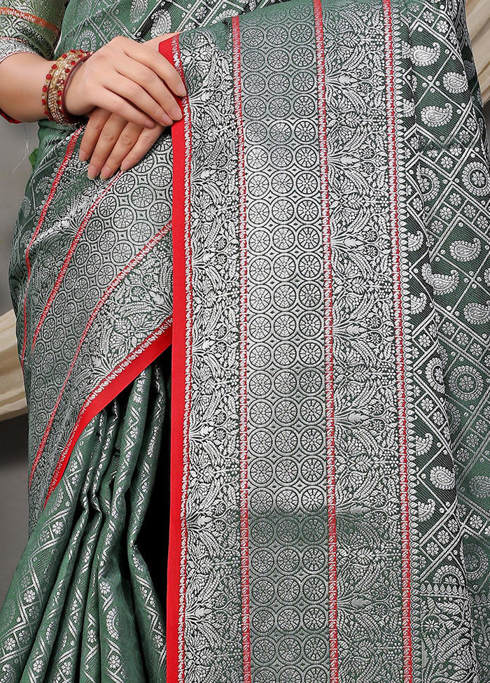 Dark Green Dupion Silk Saree With Blouse Piece