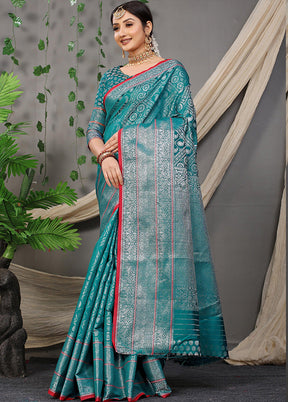 Teal Dupion Silk Saree With Blouse Piece