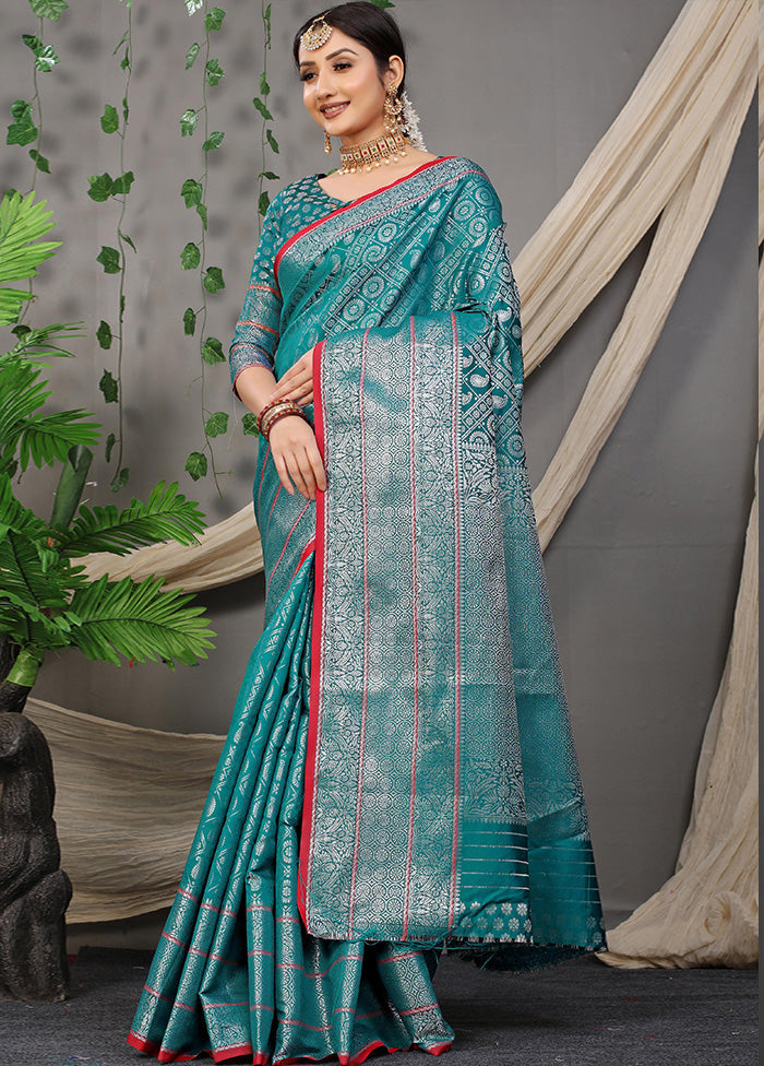 Teal Dupion Silk Saree With Blouse Piece