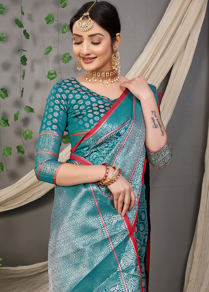 Teal Dupion Silk Saree With Blouse Piece