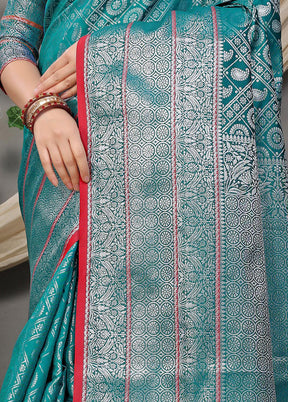 Teal Dupion Silk Saree With Blouse Piece