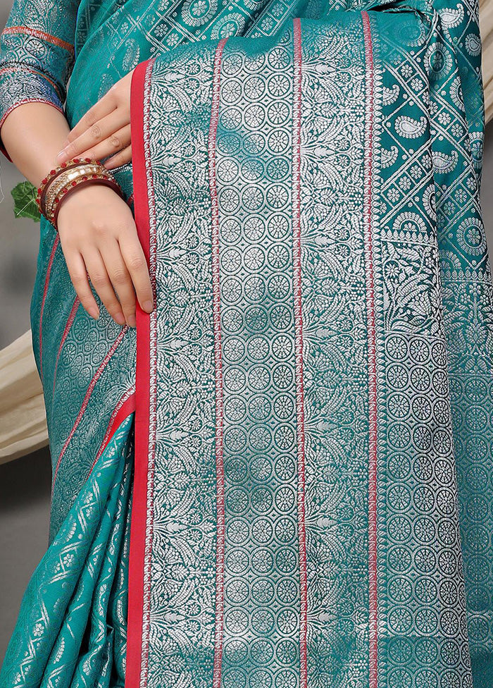 Teal Dupion Silk Saree With Blouse Piece