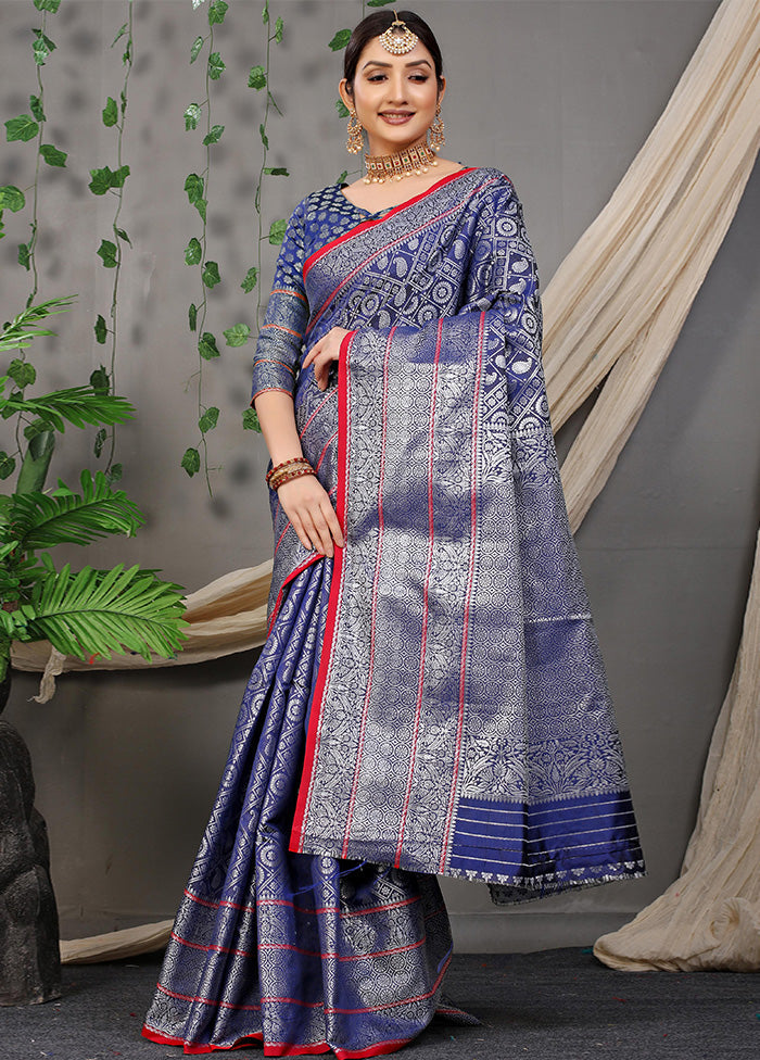 Blue Dupion Silk Saree With Blouse Piece