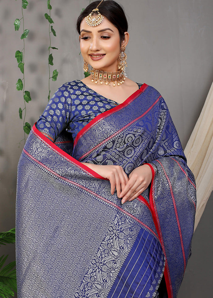 Blue Dupion Silk Saree With Blouse Piece