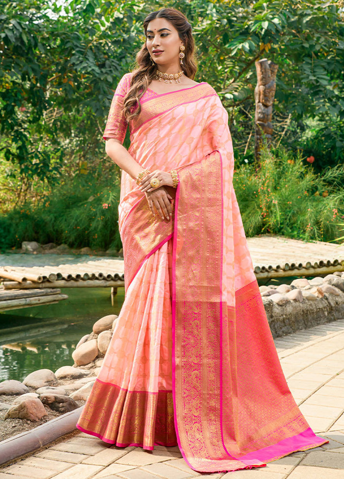 Peach Dupion Silk Saree With Blouse Piece