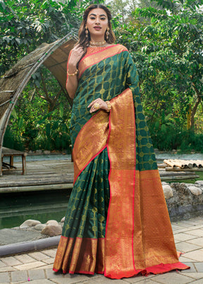 Bottle Green Dupion Silk Saree With Blouse Piece