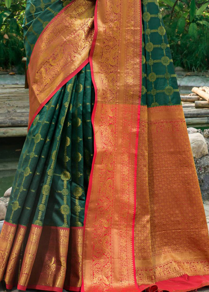 Bottle Green Dupion Silk Saree With Blouse Piece